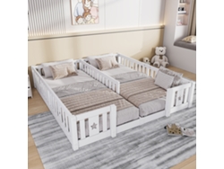Cama Infantil Montessori 180 X 200 Cm, Cama Doble Infantil, Madera Maciza De Pino Natural, Protección Anticaída, Blanco, Sin Barandillas