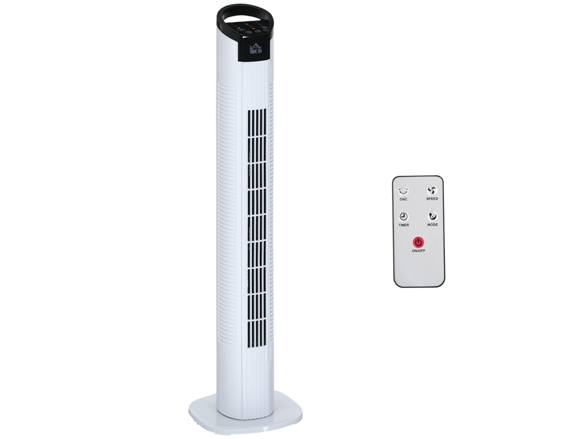 Ventilador de pedestal de 50 W con mando a distancia, 3 velocidades, pantalla LCD, temporizador de 7,5 h y oscilación de 70°, Ø20 x 78,5 cm, blanco.