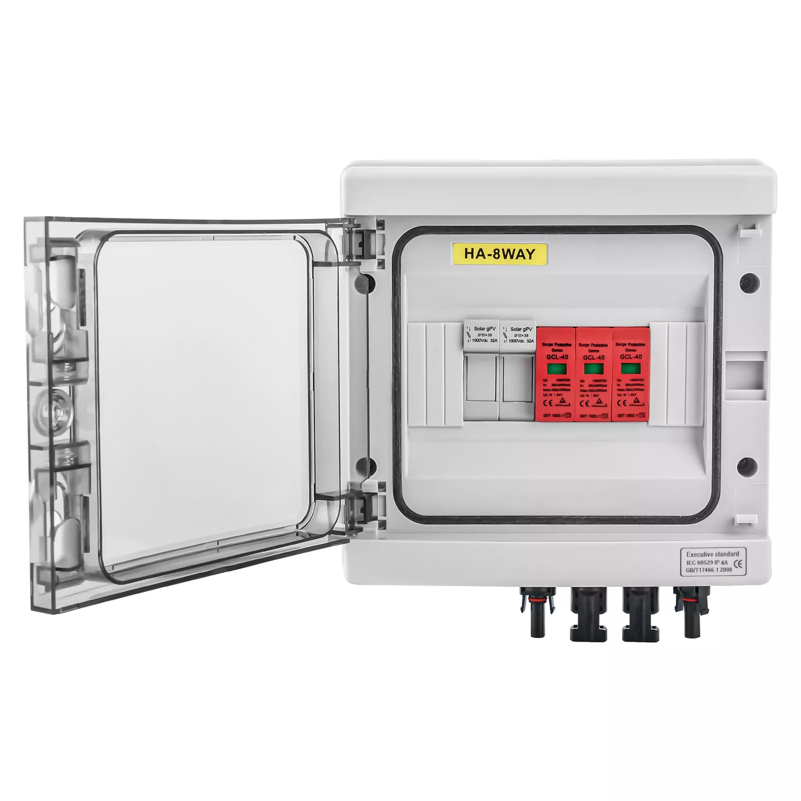 Protección de energía solar, disyuntor de CC con ventana transparente y diseño ignífugo para uso confiable en exteriores en sistemas solares.