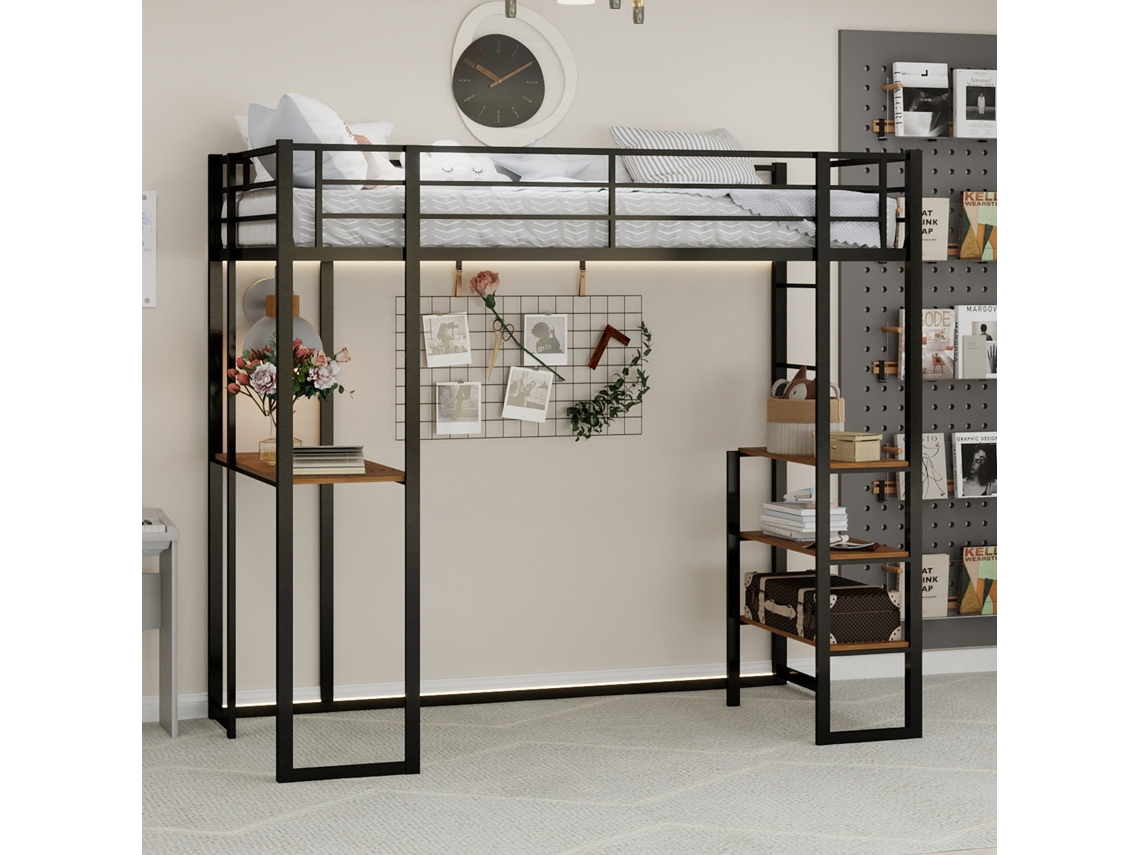 Cama Alta De 90x200 Cm, Escritorio, Escalera Metálica
