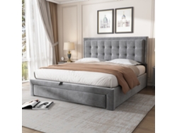 Cama Doble De 140x200 Cm Con Sistema De Almacenaje Hidráulico, 2 Cajones, Cabecera Ajustable, Somier De Láminas, Fácil Montaje, En Terciopelo Gris.