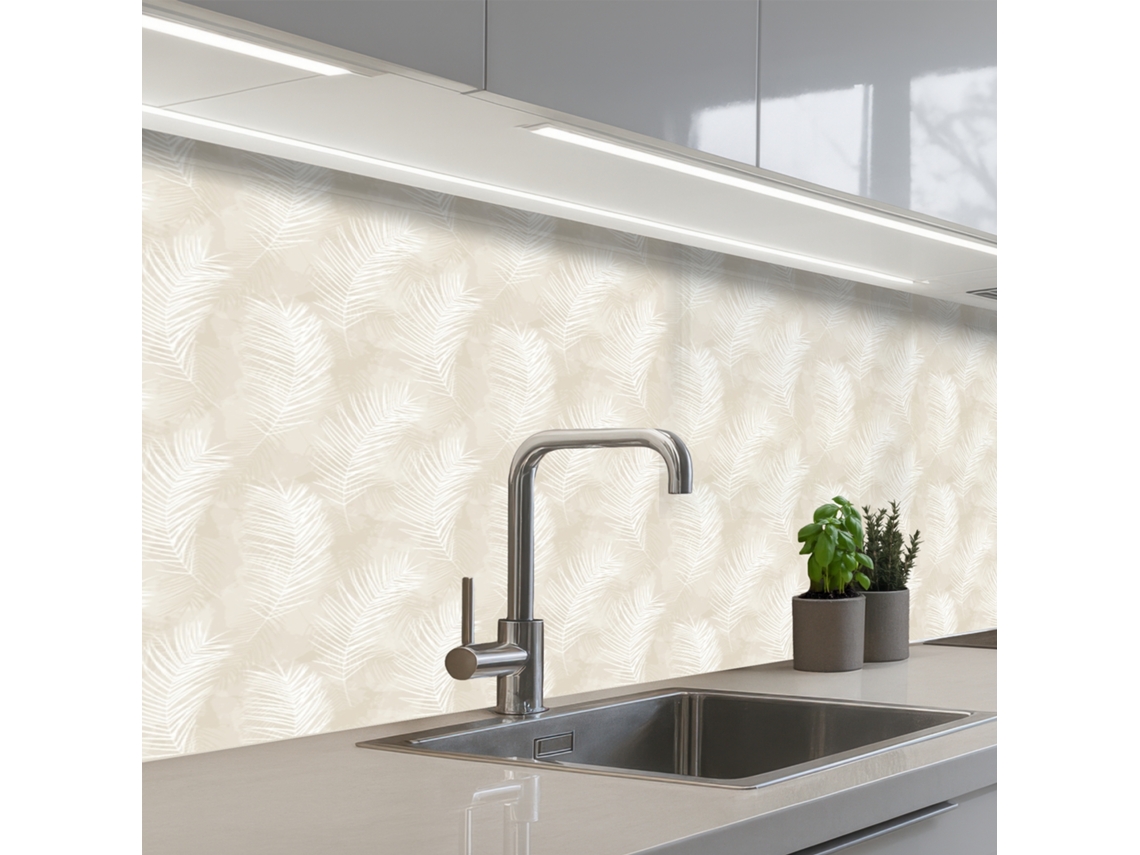Salpicaderos De Cocina Hojas - Beige - Blanco - Botánico - Naturaleza 150x60 Cm