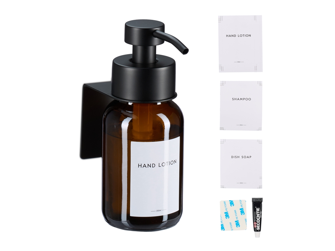 Relaxdays Dispensador De Sabão, 1 Unidade, 250 Ml, Vidro Castanho, Aço Inox, Adesivo, Sem Furar, Castanho/preto