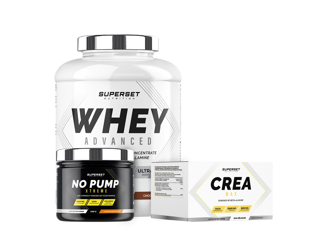 Programa de aumento de masa muscular magra confirmado 100 Whey Protein Advanced 2 kg Chocolate No Pump Xtreme Long Island Icetea Créa Max Superset Nutrition