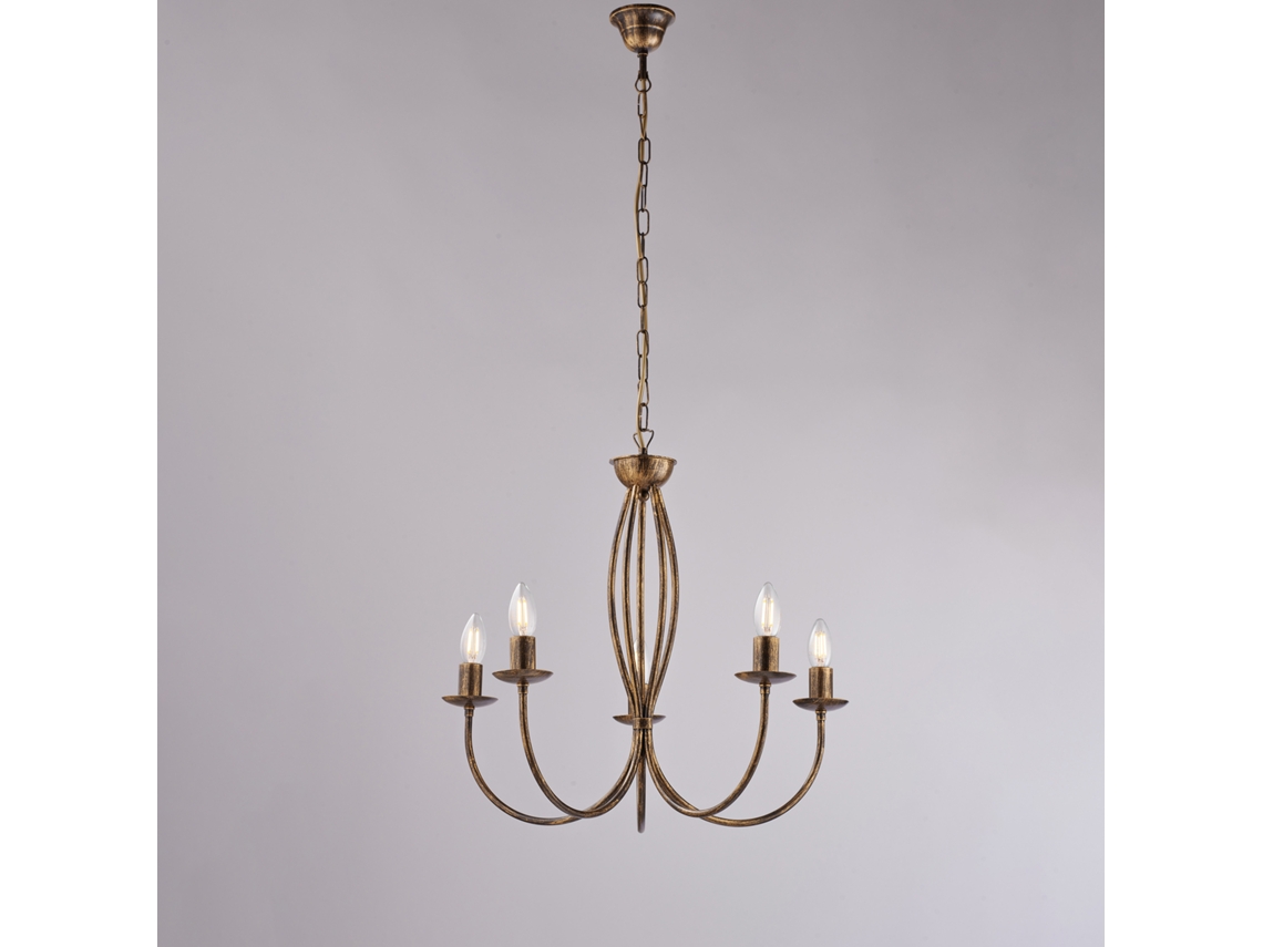 Lámpara de araña Botte de hierro lacado marrón con decoración. Oro antiguo. 5 luces. 113 cm. Ø55 cm. Bl147. 5 luces. Belight.