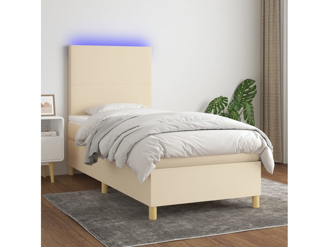Cama Box Spring Colchón Y Luces Led Tela Crema 90x200 Cm