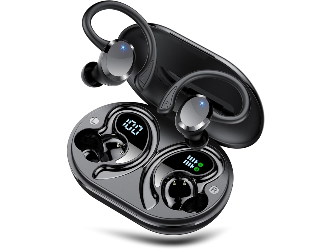 Auriculares Deportivos Negros Bluetooth 5.4 68h Pantalla Led 4 Micrófonos Enc Ip7 Clips