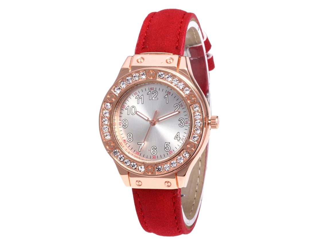Reloj De Pulsera De Cuarzo Para Mujer Con Correa De Piel Sintética Y Esfera Con Pedrería - Rojo