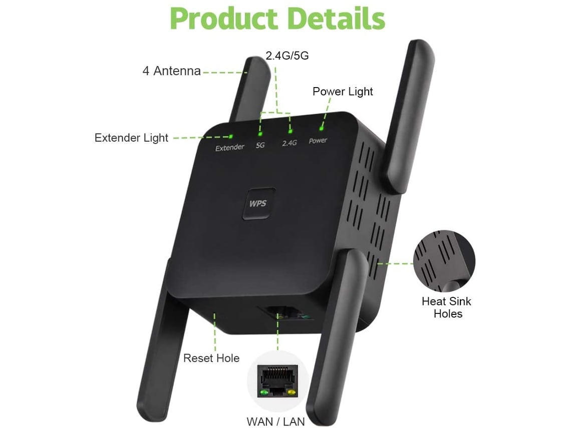 Extensor WiFi de 5 Ghz, amplificador WIFI inalámbrico de largo alcance,  adaptador AC1200, amplificador Wi-Fi de 1200Mbps, repetidor de señal Wi-Fi  802.11N