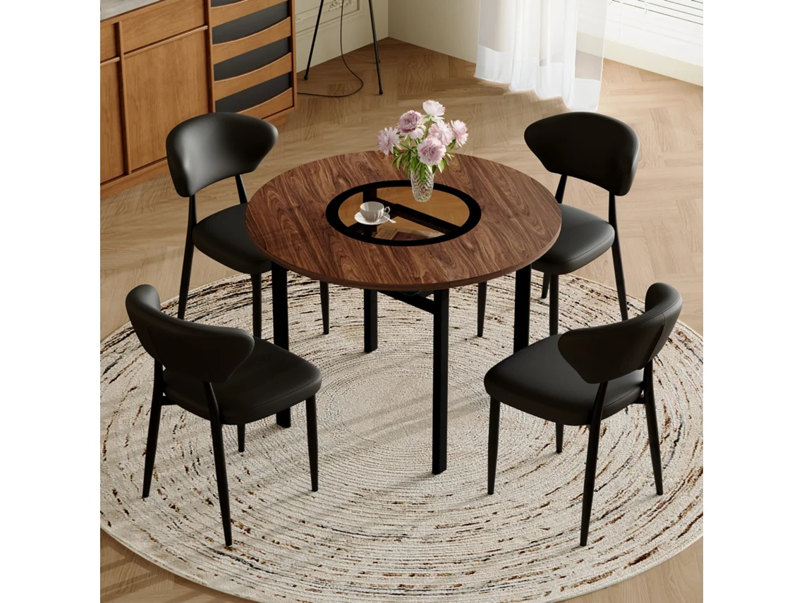 Mesa redonda minimalista de BGA STORE con 4 sillas en PU negro y respaldo curvo, ideal para cocina y comedor (100 x 100 x 75 cm)