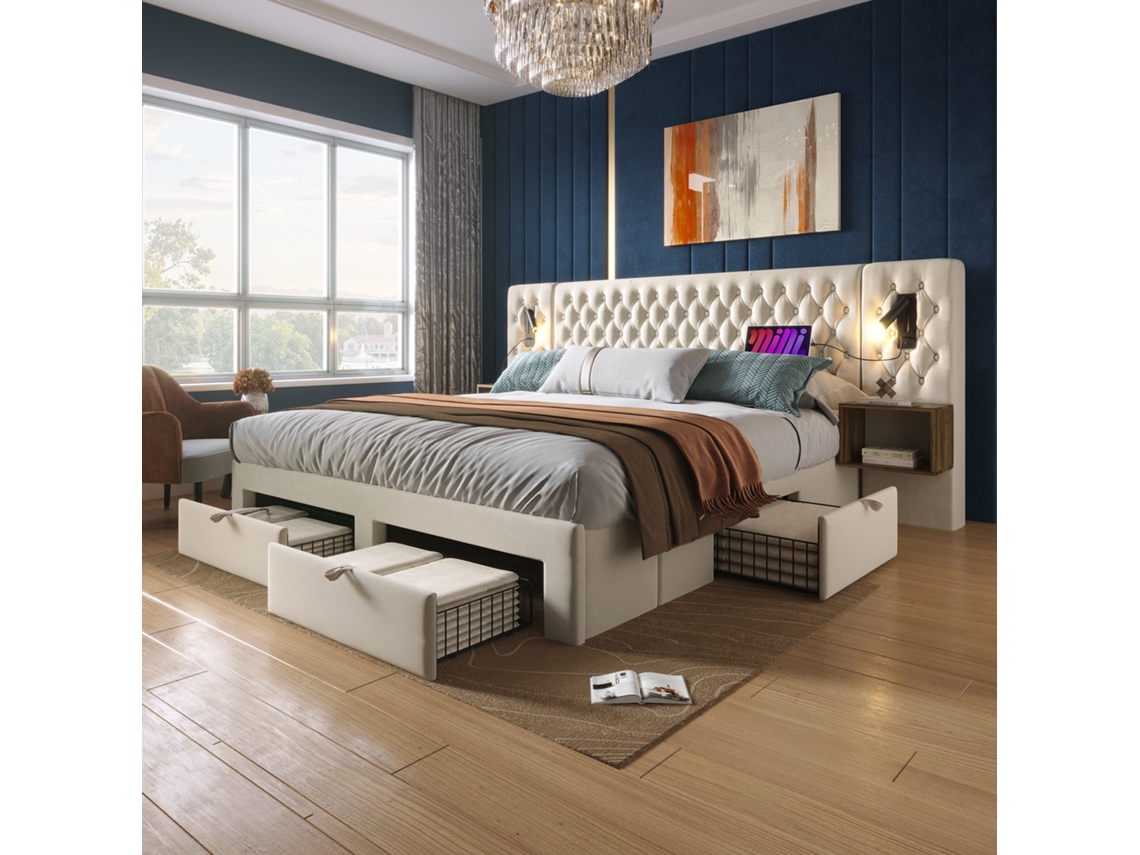 Conjunto De Cama Tapizado De 160x200 Cm Con 2 Mesillas De Noche, 4 Cajones, Led Usb, Terciopelo Beige.