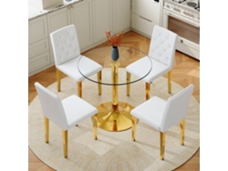 Juego De Mesa De Cristal (85 Cm) Con Detalles Dorados Y 4 Sillas Blancas Con Detalles Dorados.