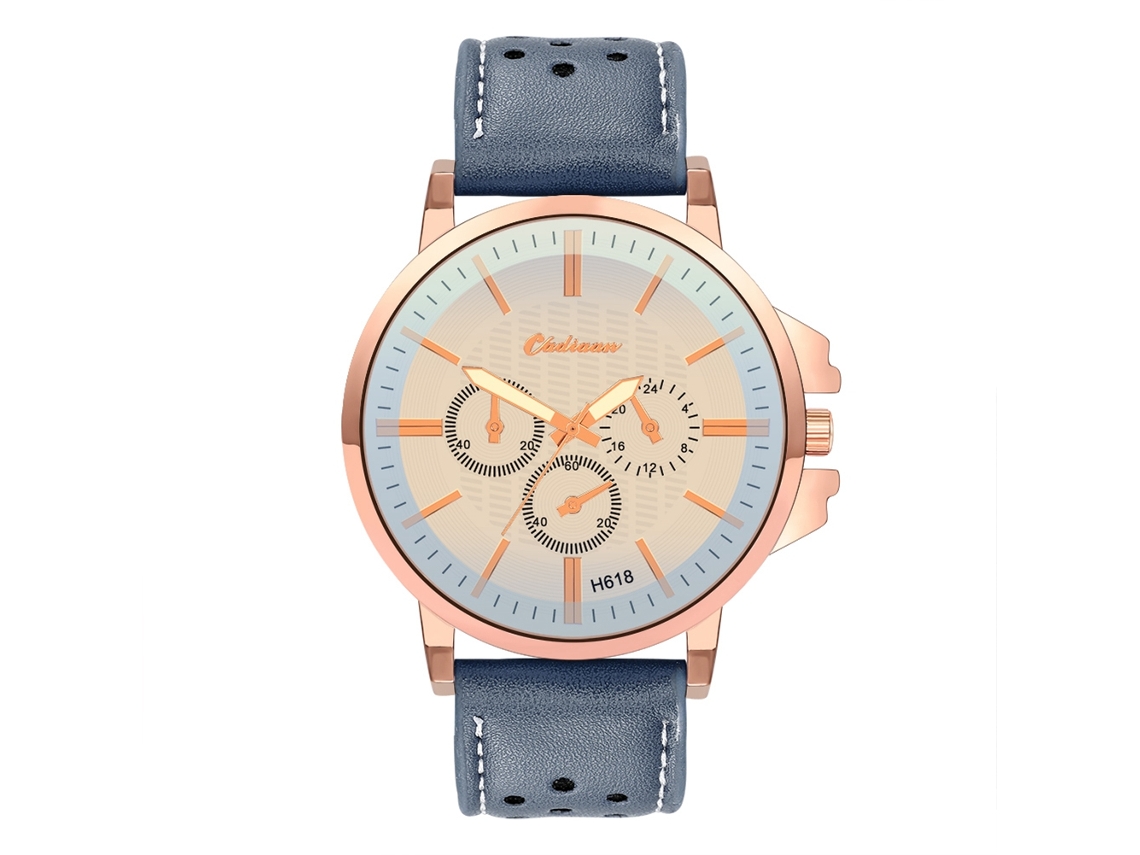 Reloj De Pulsera Unisex De Piel Sintética Con Tres Subesferas, Estilo Casual, Oro Rosa + Azul, Preciso.