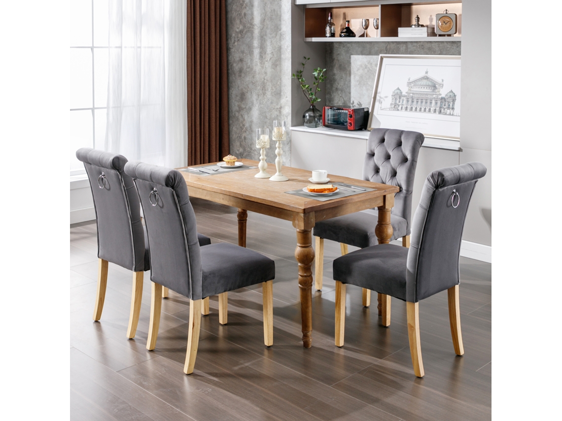 Juego De 4 Sillas De Comedor De Terciopelo, Acabado En Roble, Detalles Cromados, Color Gris.
