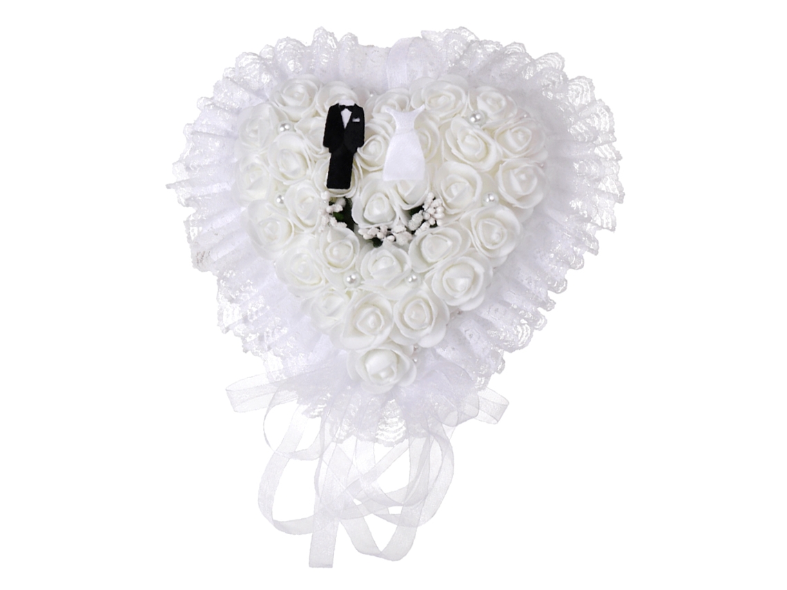 Elegante cojín blanco con forma de corazón para anillos de boda, nuevo soporte para anillos en caja.