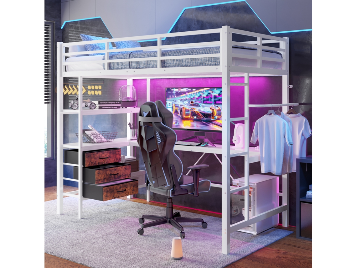 Cama Alta De 90x200 Cm, Escritorio Led, Usb, 3 Cajones, Estantes, Barandilla Blanca.