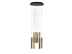 Lámpara colgante circular Fabas Luce Prado con 8 bombillas LED regulables de 52 W y florón redondo de latón.