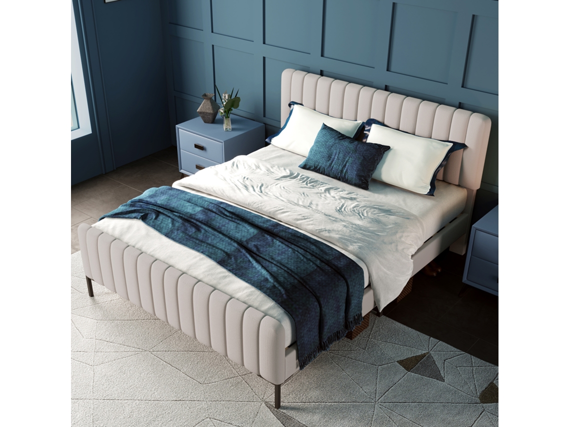 Cama para adulto tapizada en lino - 140 x 200 cm - Con cabecero ajustable y somier de láminas - Gris claro