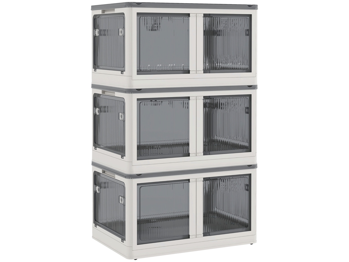 Caja de almacenamiento de 69L, baúl apilable con ruedas, plegable, acceso de 5 lados, blanco.