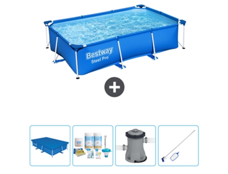 Piscina BESTWAY Rectangular Steel Pro - 259 x 170 x 61 cm - Azul - Incluida Cubrir - Paquete de mantenimiento - Bomba - kit de limpieza
