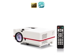 Proyector de video LED con duplicación de pantalla para iOS y Android. Hasta 150 pulgadas, relación de contraste de 3000:1. Conexiones HDMI, USB y entrada de antena.