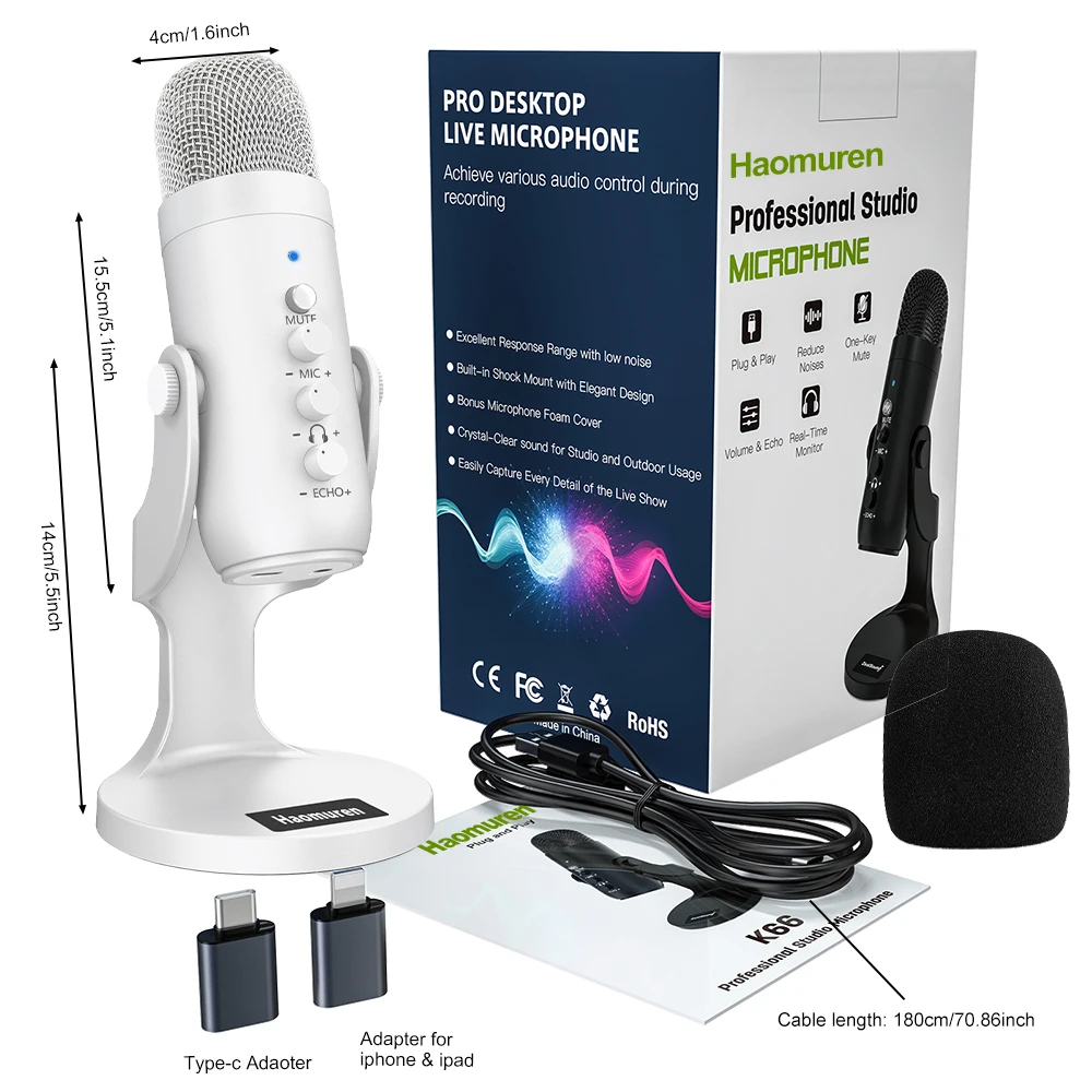 Micrófono De Condensador Usb Profesional, Adecuado Para Pc, Computadoras, Teléfonos Móviles, Juegos, Transmisión En Vivo, Podcasts, Youtube, Etc.