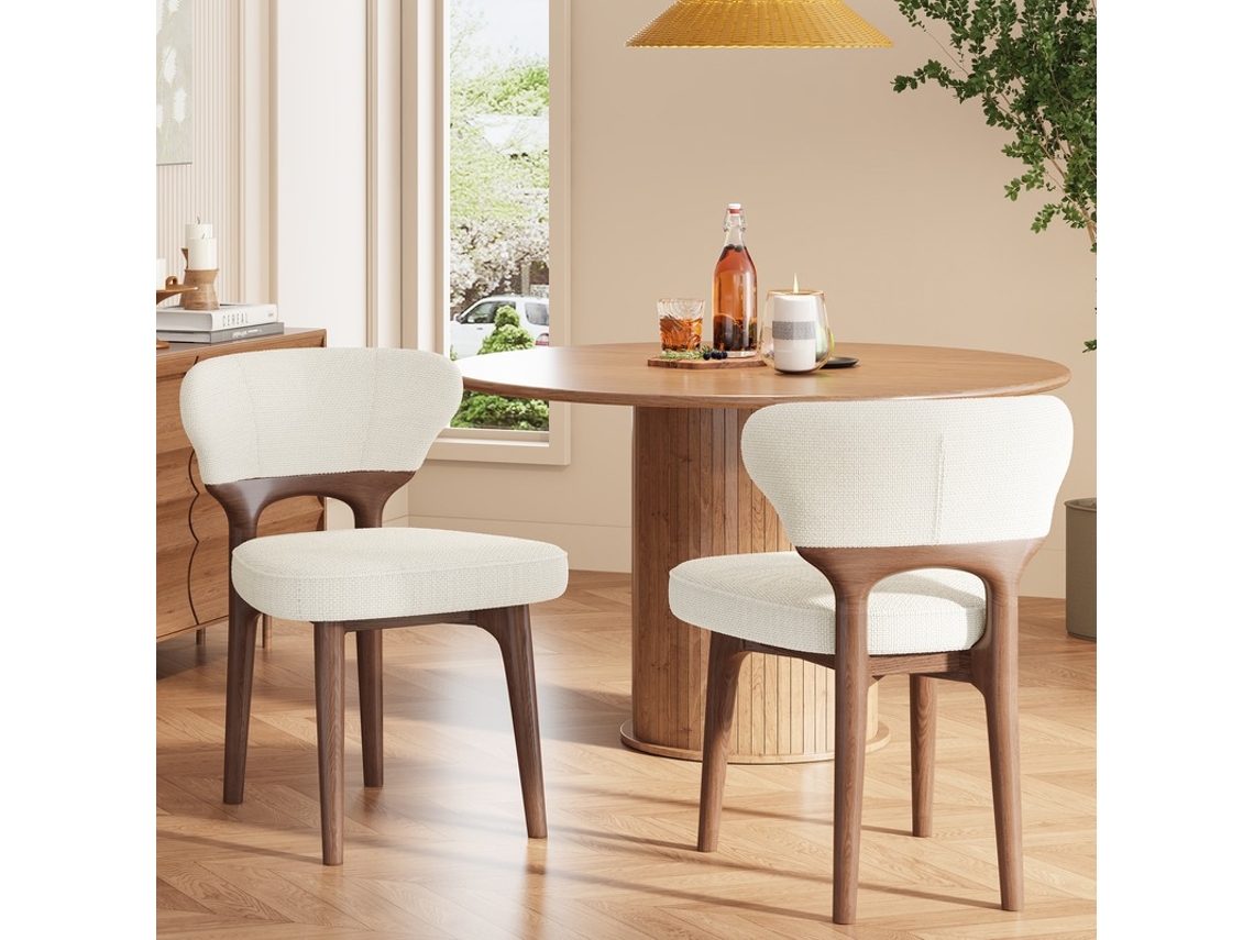 Juego De 2 Sillas De Comedor De Madera Maciza Con Tapicería De Chenilla Color Beige Claro.