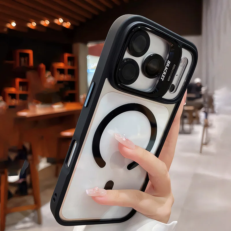 (iphone 15 Plus Negro) Funda Magnética Transparente Para Teléfono, Soporte Acrílico, Lente De Cristal