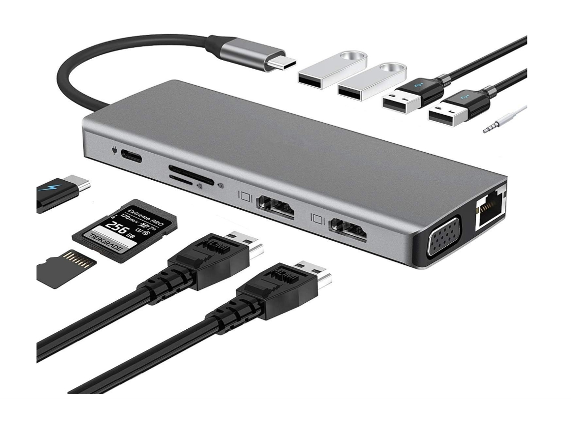 Hub adaptador multipuerto USB-C con 2 x HDMI 4K, Ethernet RJ45, VGA, USB 3.0, lector de tarjetas SD/MicroSD, conector de 3,5 mm, USB-C PD (cin Bisbisous)