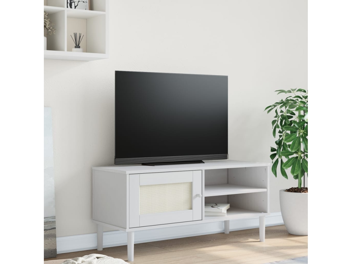 Mueble De Tv | Armario Para Tv | Gabinete De Tv Senja Aspecto Ratán Madera Pino Blanco 106x40x49cm