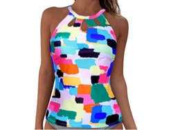 JILLIOPER Top de Tankini Cuello Alto Z02 Azul Claro XL para Mujer, Parte de Arriba de Bañador con Espalda Descubierta y Escote Key Hole