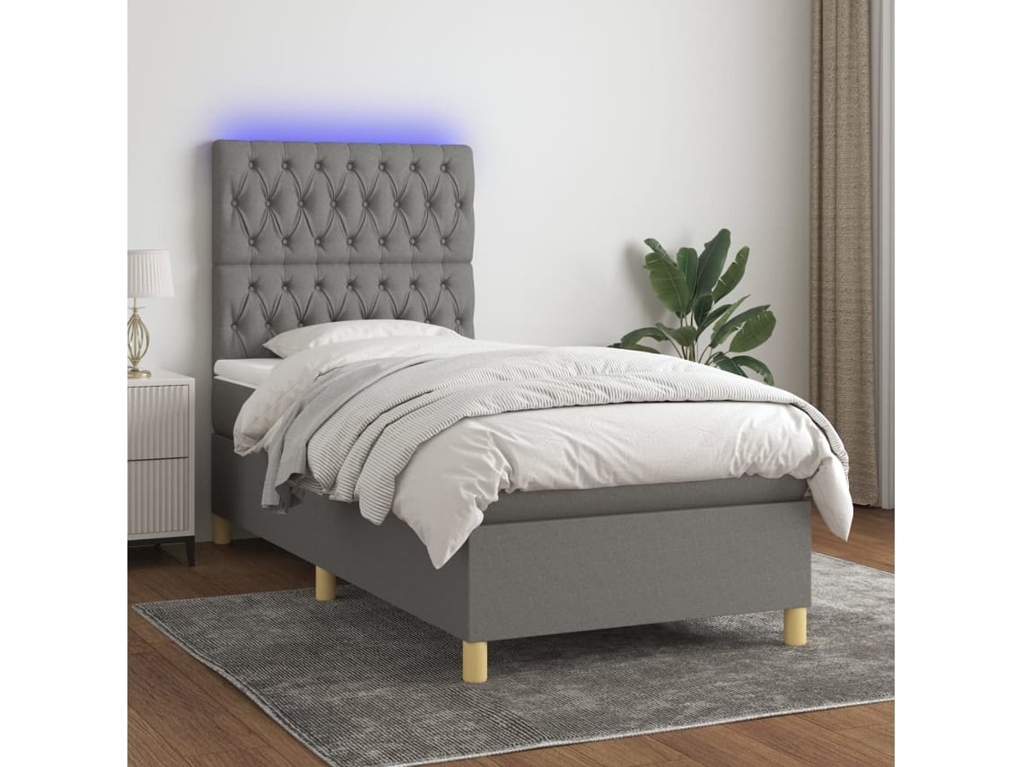 Cama Box Spring Colchón Y Luces Led Tela Gris Oscuro 90x200 Cm