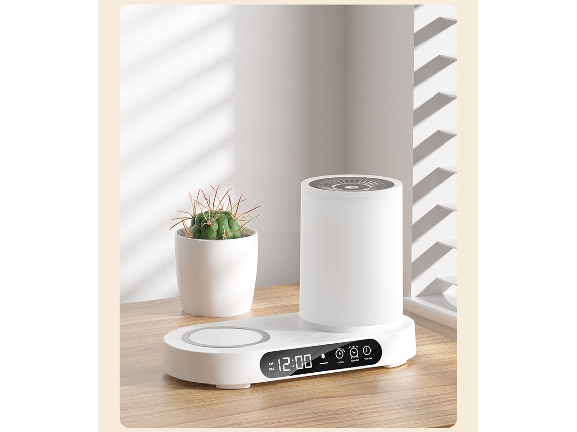 Humidificador inteligente de aromaterapia con carga inalámbrica, para escritorio, dormitorio, despertador y altavoz Bluetooth, todo en uno Mdug (blanco)