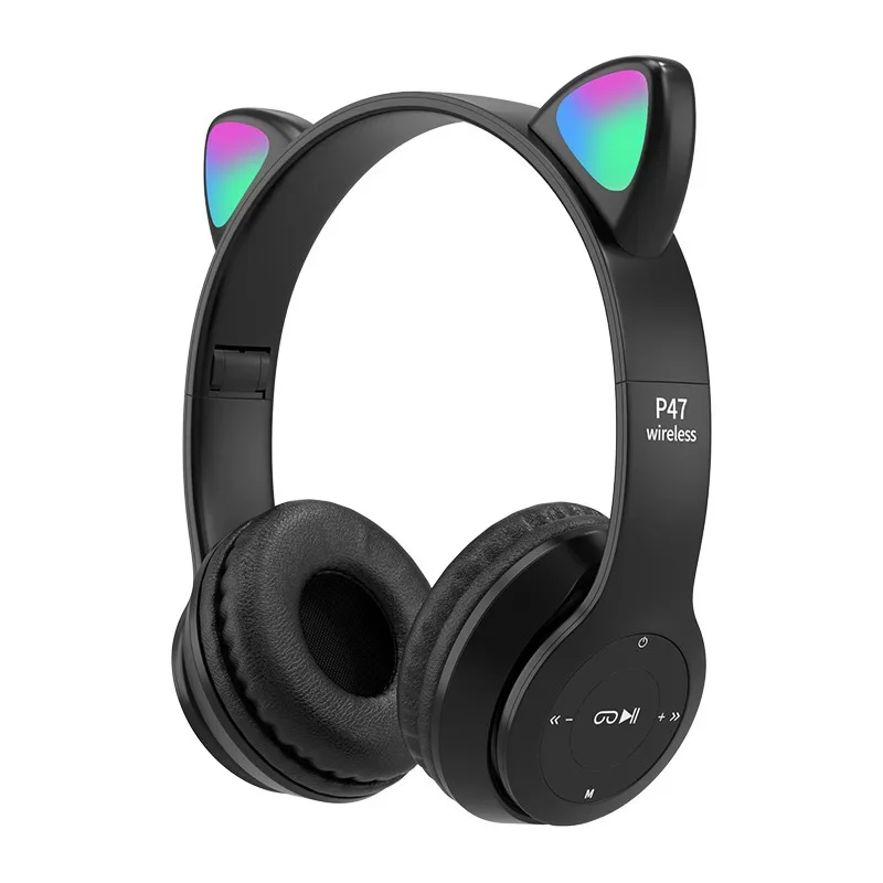 Fones de Ouvido Sem Fio Cat Ear Bluetooth Capacete Compatível Estéreo Bass Envoltório Fones de Ouvido MDUG (preto)