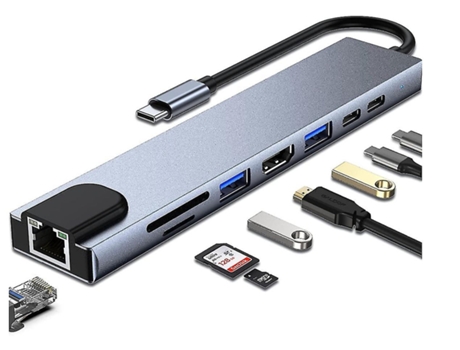 Hub Usb C 8 en 1 4K Hdmi Usb C Usb-A 3,0 reproducción de tarjetas Rj45 Ethernet Lan Sd/Tf concentrador multipuerto de carga para Macbook BISBISOUS