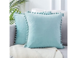 2026-funda Almohada Decorativa Velvet Suave Con Pompones 45x45 Cm Paquete 2 Azul Agua