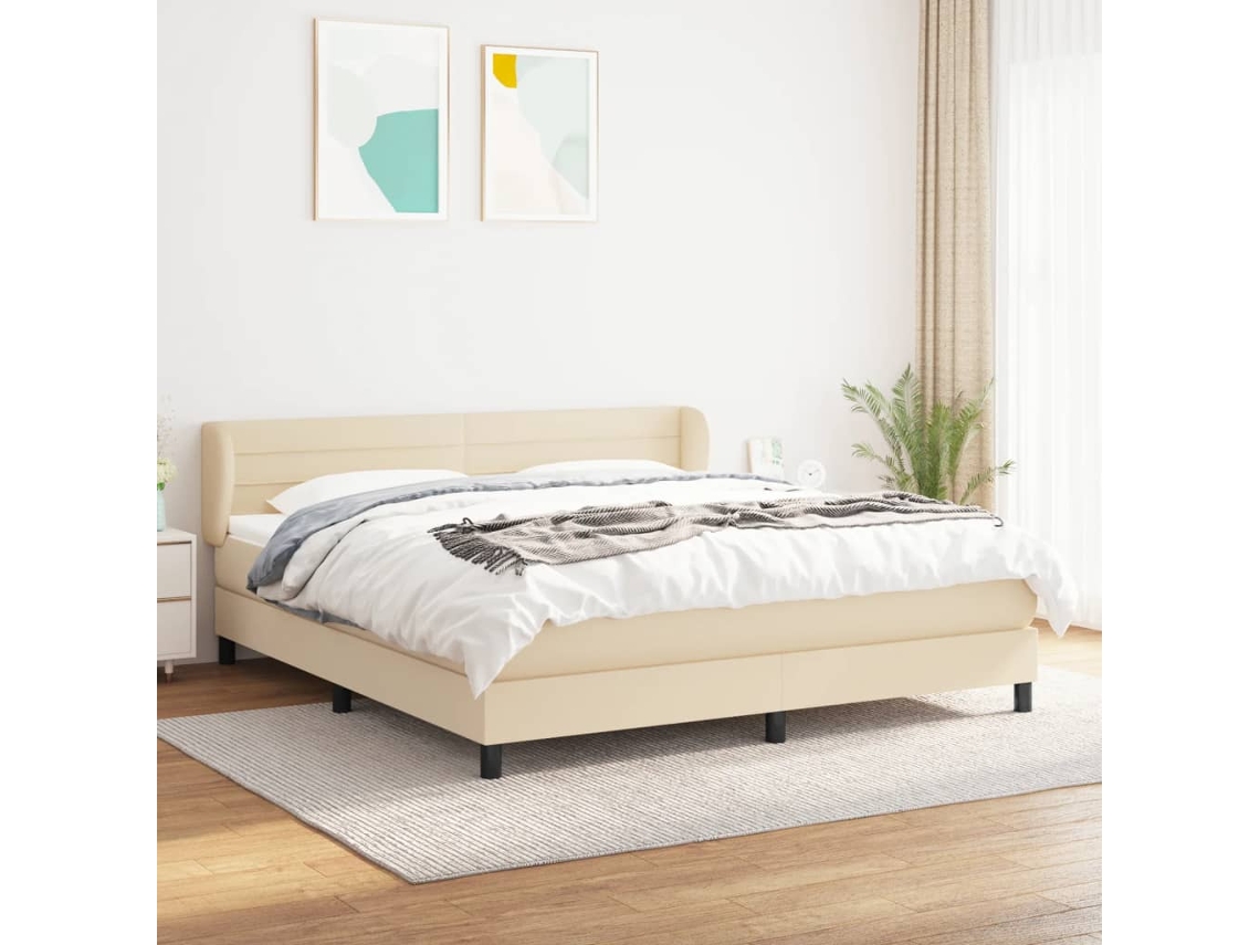 Cama Box Spring Con Colchón Tela Color Crema 160x200 Cm