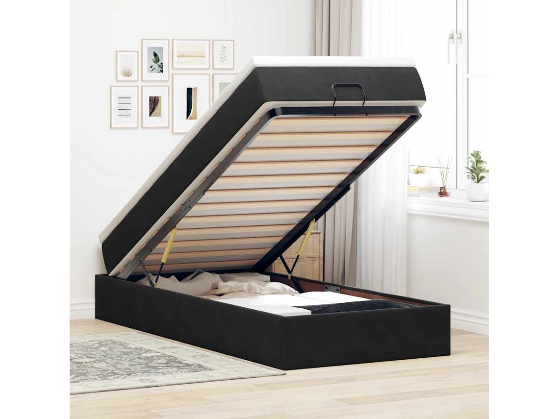 Estructura De Cama Otomana Colchón Terciopelo Negro 100x200cm
