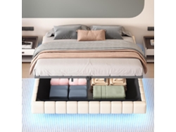 Cama tapizada de 180 x 200 cm, estructura flotante hidráulica, sin cabecero, color beige