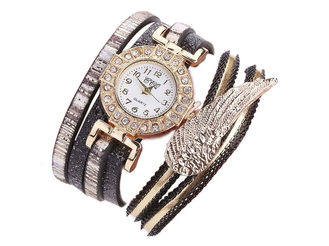 Reloj De Pulsera De Cuarzo Para Mujer Con Diamantes De Imitación, Correa De Poliuretano Y Esfera Redonda Negra.