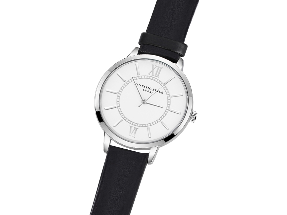 Reloj De Pulsera Analógico Redondo De Cuarzo Para Mujer Con Correa De Pu Negra, Diseño Sencillo E Informal.