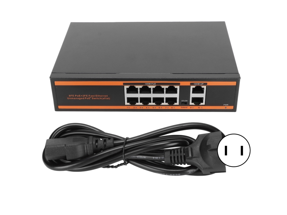 Switch Poe De 10 Puertos, 8 Puertos Poe De 100m, 2 Puertos Rj45 De 100m, Sin Ventilador, Ieee 802.3at/af, 120w