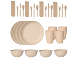 Juego de cubiertos de plástico beige de 24 piezas, que incluye platos, vasos, cucharas y cuchillos. MDUG