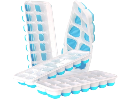 4 bandejas de silicona de fácil liberación y 14 cubitos de hielo flexibles, bandejas de hielo apilables con cubiertas, color azul