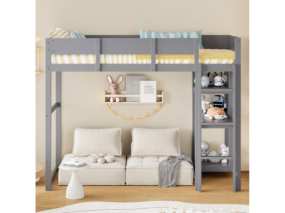 Litera Mezzanine 90x200 Cm, Pino Macizo, Estante Integrado, Ahorra Espacio, Máxima Seguridad Con Barandillas, Cuarto Infantil, Gris
