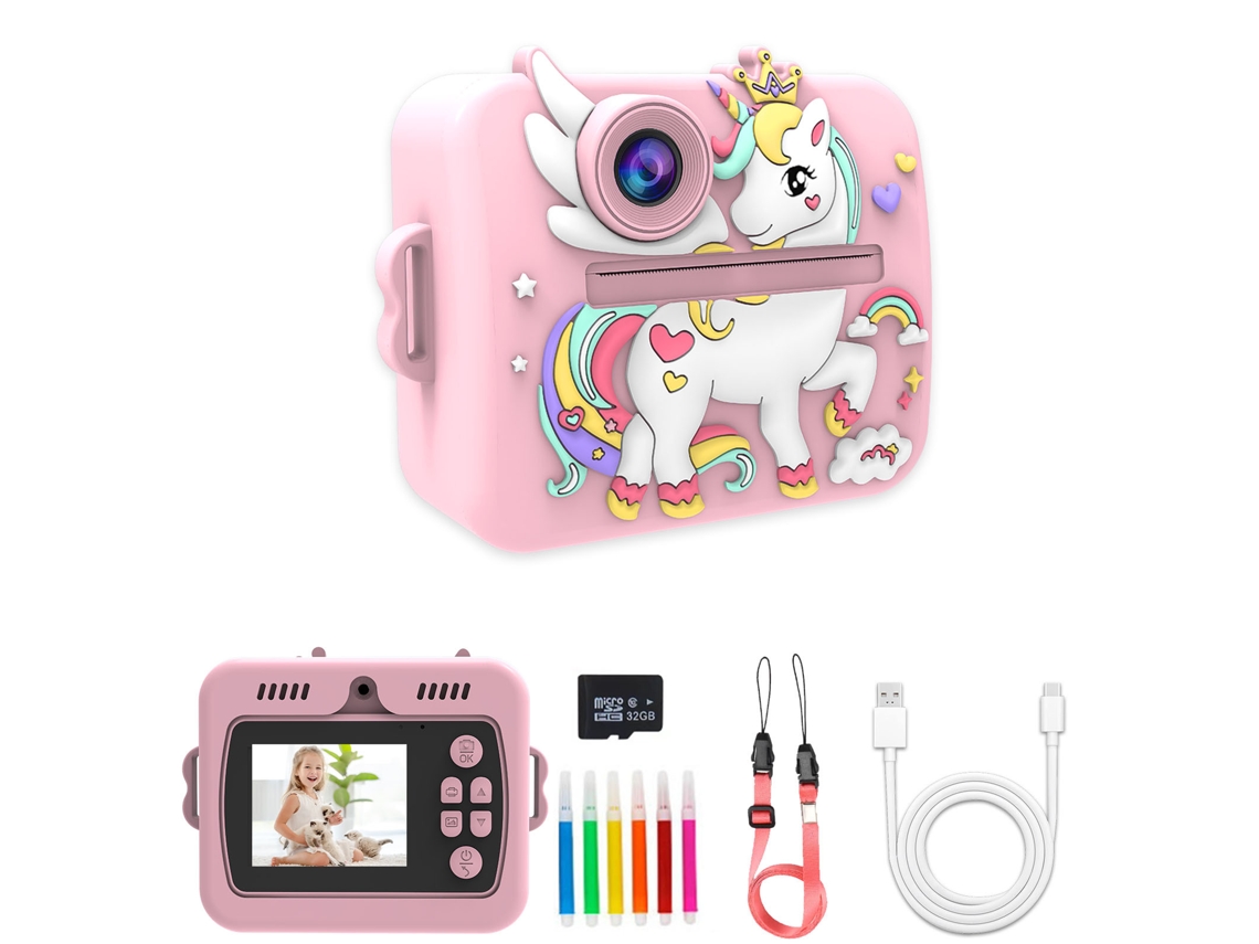 Cámara instantánea, cámara de impresión infantil con impresión, 4 rollos de papel y cartulina de 32 g (Unicornio rosa) Specment