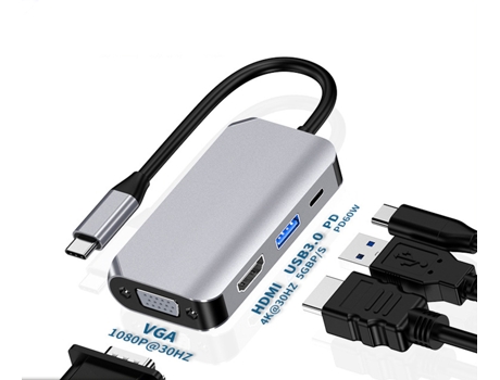 Dock Hub USB C 4 en 1 Adaptador USB C a HDMI con 4K Hdmi Hdmi Vga Usb3.0 Pd MAOYI