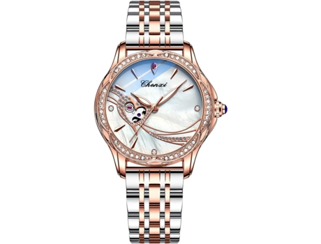 VEANXIN Relojes de acero inoxidable resistentes al agua para mujer con detalles de diamantes y cuerda automática-rosa