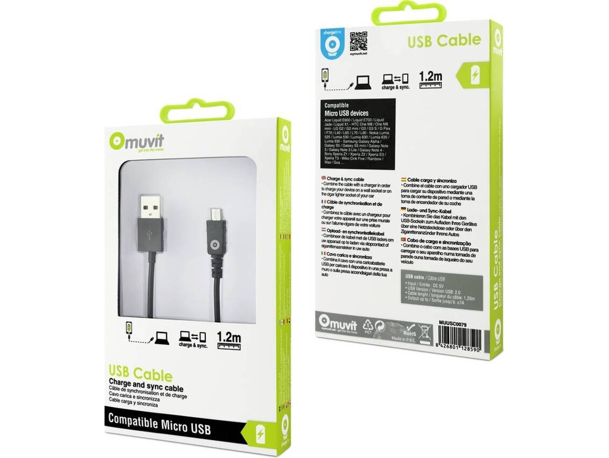Cable MUVIT MUUSC0079 (USB - Micro-USB - 1.2m - Negro)
