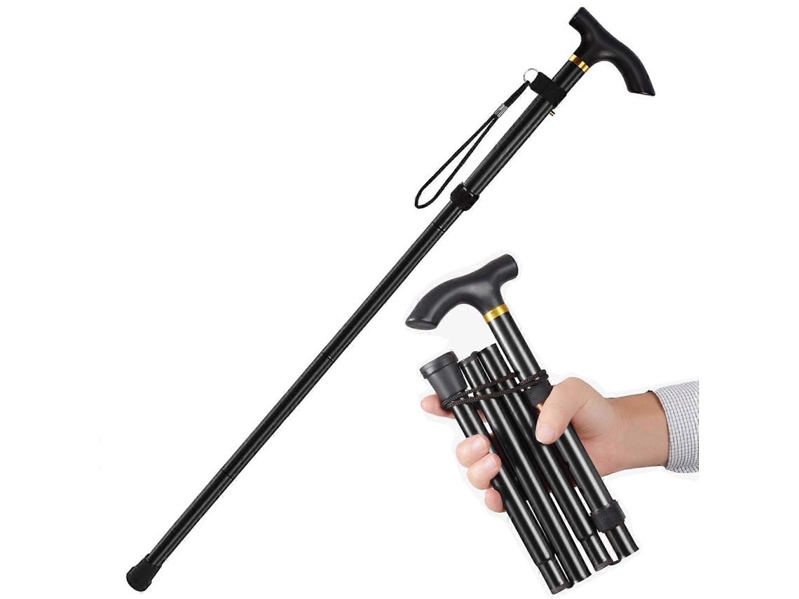 Bastón plegable para personas mayores, bastón de aluminio con altura ajustable, mango en T antideslizante y portátil, negro.